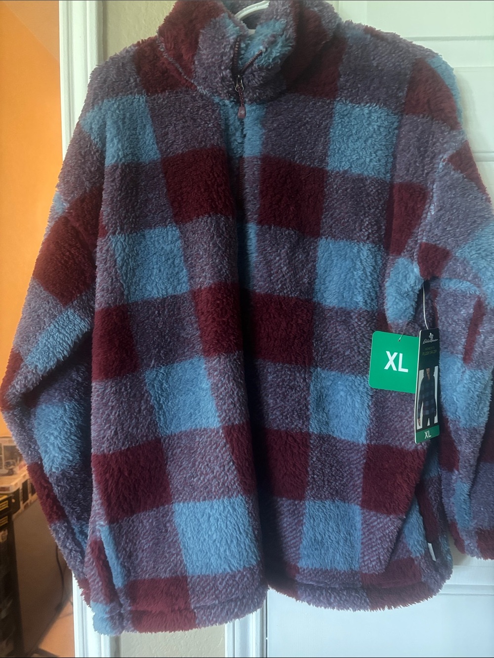 Eddie Bauer Plush Quarter-Zip Sherpa Pullover in Blue & Burgundy